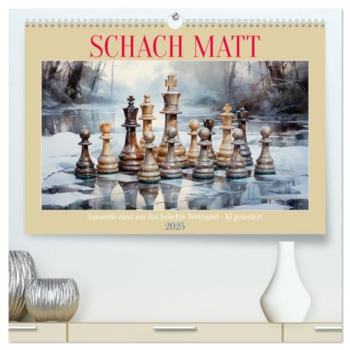 Schach Matt (hochwertiger Premium Wandkalender 2025 DIN A2 quer), Kunstdruck in Hochglanz: Aquarelle rund um das beliebte Schachspiel - KI generiert (CALVENDO Kunst)
