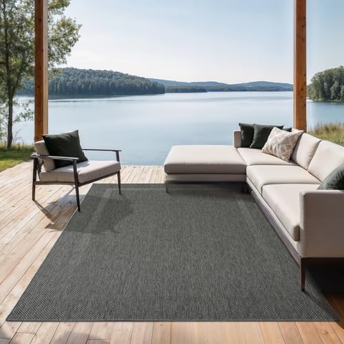 the carpet Mistra - robuster Outdoor Teppich, modern, Wetterfest & UV-beständig, für Balkon, Terrasse und Wintergarten Aber auch für die Küche geeignet, flachgewebt, Bordüre, Anthrazit, 240 x 340 cm