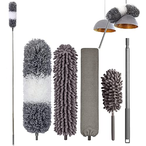 Staubwedel mit Teleskopstange für Spinnenweben und Staub Waschbar, Staubwedel Lang Ausziehbar 250CM für Kronleuchter, Mikrofaser Staubwischer Staubbesen Verbiegbare Reinigt Ecken Heizkörper Mauerecke