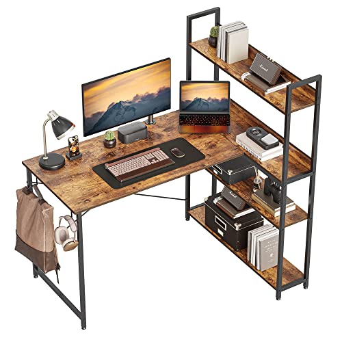 CubiCubi Schreibtisch mit Regal,Eckschreibtisch für Heimbüro,Kleiner L-förmiger Computertisch mit Ablagefächern,Bürotisch mit Bücherregal ，120cm Braun