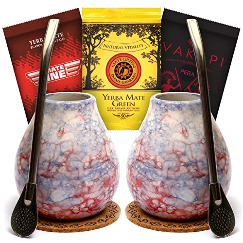 Mate Green Mate Tee Trink-Set für zwei Personen ● 3x50g verschiedene Arten von, 2 matera, bombillas ● Geschenk Paare ● Mate Tee Tasse ● Keramik Mate Tee Becher ● Yerba Mate-Tee mit Frucht