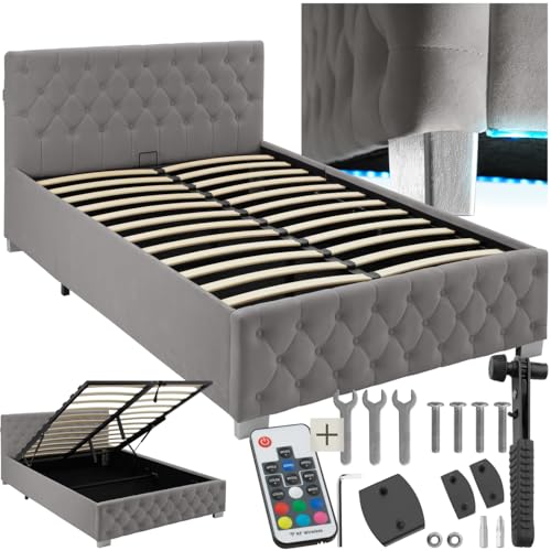 tectake® Chesterfield Schlafzimmer Bett mit Bettkasten, Polsterbett, Bett mit Stauraum, Doppelbett, Jugendbett, King Size Bed, Schlafbett, Gaming Bett mit LED, dunkelgrau, 120 x 200 cm