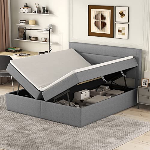 Kehun Boxspringbett Polsterbett 140x200, Doppelbett mit Lattenrost aus Metallrahmen, Bett mit Großer Stauraum und Kopfteil, Stauraum Betten Bettrahmen für Familie, Leinen, Grau, ohne Matratze