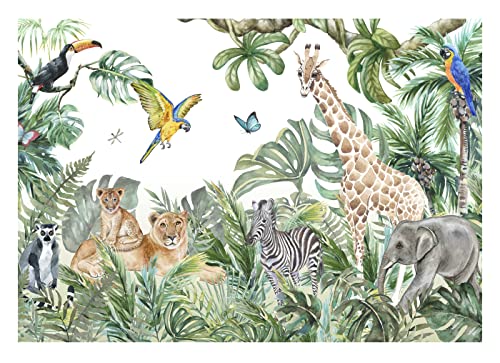 WallArena - Vlies Fototapete Kinderzimmer 416x254 cm Dschungel Tiere Wald Natur Babyzimmer - Fototapeten - Tapeten - für Wohnzimmer Schlafzimmer - Vliestapete Wandtapete Tapete 3D Effekt