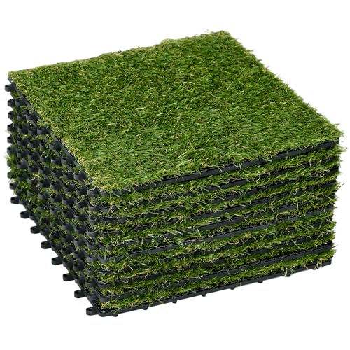 Outsunny Kunstrasen 10 Stücke Grasmatte Rasenteppich Rollrasen künstlicher Rasen für Balkon Garten 25 mm Kunststoff Dunkelgrün 30 x 30 cm