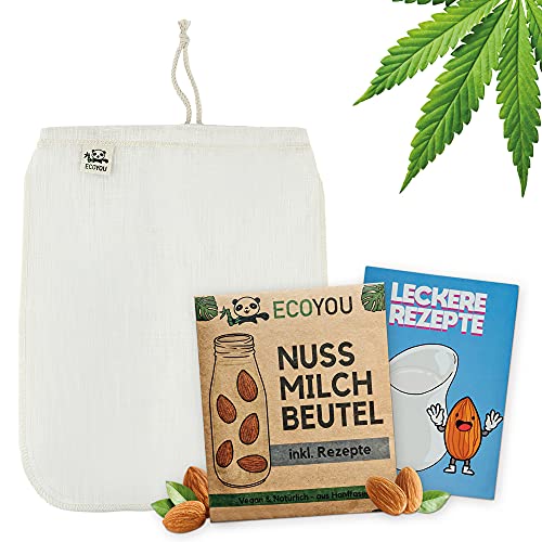 EcoYou Nussmilchbeutel Bio waschbar aus Hanf Veganer Nussmilch Beutel inkl. leckeren Rezepten Hochwertiges Passiertuch 30 cm nut Milk Bag, Mandelmilch Tuch, Filter-Beutel, Filtertuch Saft