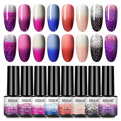 ROSALIND Gel Nagellack Set Thermo Gellack UV Farbwechsel Nagellack Thermo Shellac Gellack Kit Mehrfarbig Ablösbarer Nagelgel Farbgel Gel Nagel Chameleon Gel Polish Set 8 Farben Mini