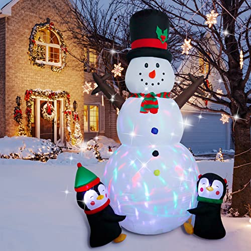 Weihnachtsdekorationen Aufblasbarer Schneemann, 244cm Schneemann Weihnachtsdekoration mit Pinguinen, Aufgeblasener Schneemann Eingebaute Bunte rotierende LED Leuchten für Gartenparty Dekoration