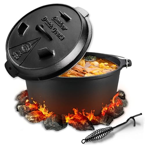 Dutch Oven, Dutch Oven 9 liter, Eingebrannter Feuertopf mit Deckelheber, Gusseiserner Feuertopf mit Doppelfunktions-Deckel, Für Outdoor and Indoor, Schwarz