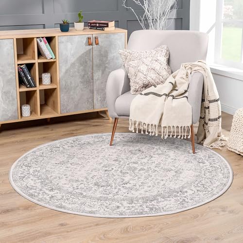 HUGEAR Grau Runder Teppich 120 cm Round Eingangsbereich Teppich Kleiner Kreis Bereich Teppich Küche Vintage Teppich rutschfest Innenschlafzimmer Waschbar Distressed Teppich Floral Tür Matte Retro