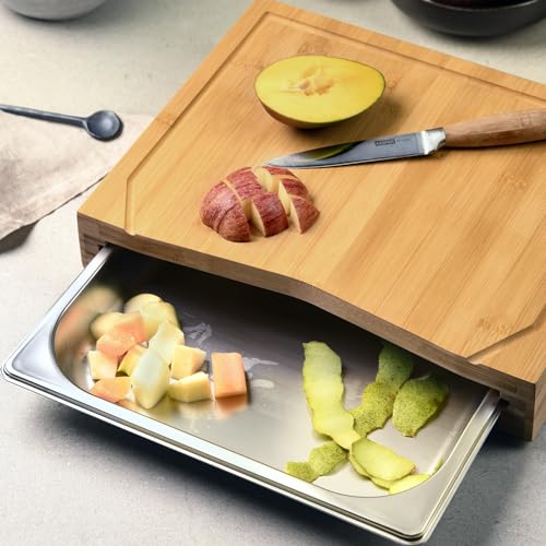 KESPER | Schneidbrett mit Auffangschale (Gastro-Norm 1/2), Material: Bambus, Maße: B: 36,5 x T: 28 x H: 6,8 cm, Farbe: Braun, Silber | 58356