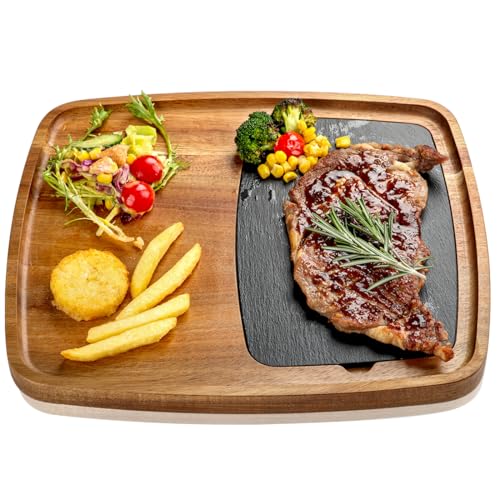 LiWiBet Servierplatte Holz mit Schieferplatte 33x28 cm, Servierbrett aus Akazienholz für Steak, Sushi - Perfekt als Steakbrett, Käsebrett, Steakteller, Grillbrett