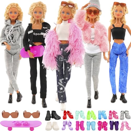 Miunana 10 Puppenkleidung 5 Kleidung 2 Schuhe 3 Zubehör Brillen Skateboard, Puppenzubehör Outfits Kleider für 30 cm Mädchen Puppen