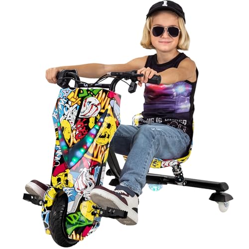 Actionbikes Motors Kinder Elektro Driftscooter 360 Grad - 250 Watt Elektromotor - 3 Geschwindigkeitsstufen - LED-Beleuchtung - Sitz verstellbar - Bluetooth - Drifter - Drift Trike (Grafit Gelb)