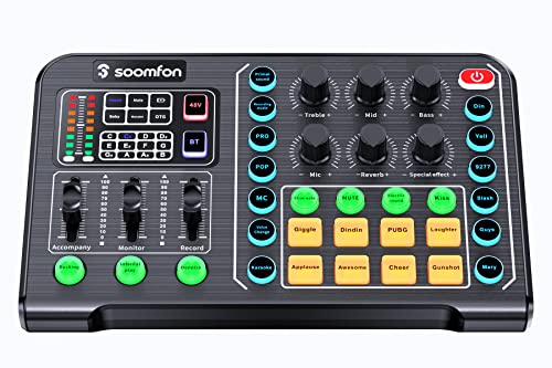 SOOMFON PC Mischpult Live-Soundkarte mit DJ-Mixer-Effekten und Sprach-Wechsler Kabellose Bluetooth Stereo Audio Mixer Audio-Interface für Live Streaming Podcast Aufnahmestudio