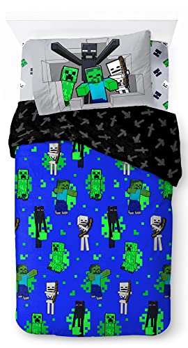 Jay Franco Minecraft Fight Back 100% Baumwolle 3-teiliges Bettwäsche-Set 135x200cm Einzelbettgröße - Bettbezug + Spannbettlaken 90x200 cm + Kissenbezug 50x70 cm