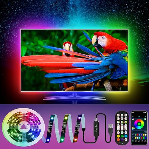 HUEMIHUI 5M LED TV Hintergrundbeleuchtung, Dream Color LED Strip mit Fernbedienung APP Steuerung, USB betrieben, für 65-75 Zoll Fernseher und PC