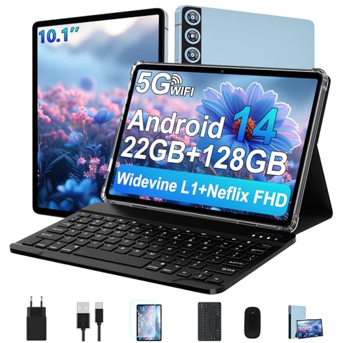ZIOVO Tablet PC 10 Zoll Android 14 mit 22GB RAM+128GB ROM(1TB TF), Widevine L1, 5G WLAN, Octa-Core 2.0GHz, 8000mAh, 5+8MP, BT 5.0, AGPS, Metallgehäuse Tablet mit Tastatur und Maus - Blau