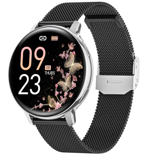 NAIXUES Smartwatch Damen mit Telefonfunktion, 1,39' Touchscreen Fitnessuhr 120+ Sportmodi Menstruationszyklus Pulsuhr SpO2 Schlafmonitor, Schrittzähler Fitness Tracker für iOS Android Schwarz Silber