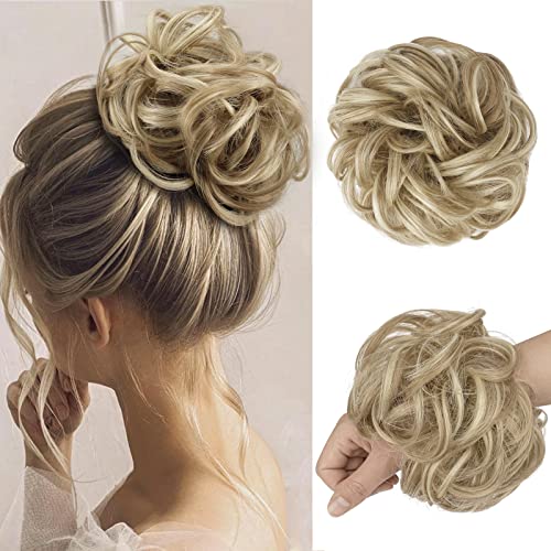 FESHFEN Haarteil Mit Gummiband, Groß Dutt Haarteil Haargummi Mit Haaren Gelockt Haardutt Synthetisch Haarverlängerung Pferdeschwanz Haarteile für Damen Mädchen, Dreckige Blonde 55g