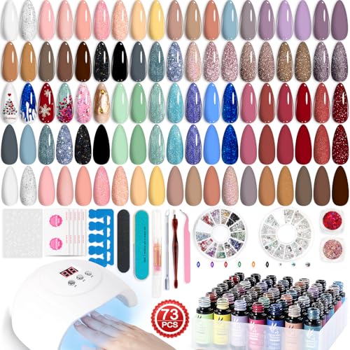 Lavender Violets 73 Pcs Gel Nagellack Set mit UV Lampe 54W, 45+4 Farben, Nail Primer,Base Coat,Matte & No Wipe Top Coat Maniküre Werkzeuge Strass Pailletten Pinzette Lack Gel Starterset Komplett LA07