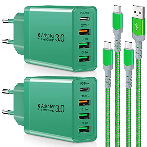 2 Stück 35W USB C Ladegerät [4-Port Upgrade], Acezeek Schnellladegerät USB Stecker mit Wandladegerät mit 2 Stück 6.6Ft 60W USB C Ladekabel kompatibel für Samsung,LG,Google Pixel 6 Tablet (Grün)