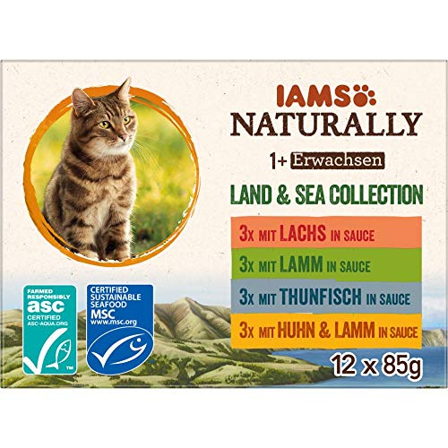 IAMS Naturally Katzenfutter Nass in Sauce - hochwertiges Nassfutter mit Fleisch und Fisch für erwachsene Katzen, Land & Sea Collection, 12 x 85 g