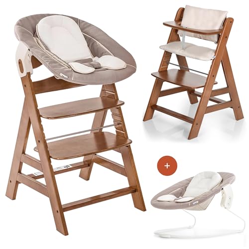 hauck Hochstuhl Alpha+ Newborn Set mit 2in1 Bouncer - Mitwachsender Holz Babyhochstuhl ab Geburt, inkl. Sitzauflage & Neugeborenenaufsatz - Walnuss