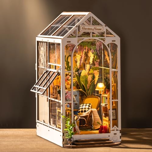 ROBOTIME DIY Book Nook Kit Gartenhaus mit Möbeln und LED Lampe, 3D Puzzle Booknook Miniatur Haus Modellbausatz, Diorama Modelbau für Erwachsene, Bücherregal Deko