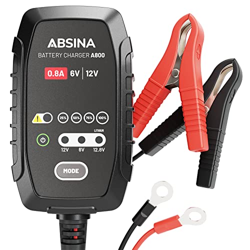 ABSINA Batterieladegerät Motorrad vollautomatisch - AGM Ladegerät 6V & 12V Blei Batterie bis 26Ah / 12,8V Lithium bis 15Ah - Roller & Motorrad Ladegerät mit 3,4m Kabel & 800mA - Batterie Ladegerät