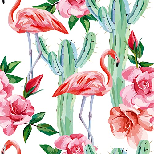 ReWallpaper 44.5CM X 7M Selbstklebende Tapete Flamingo Rosa Kaktus Selbstklebende Fototapete Kinderzimmer Mädchen Tapete Kinderzimmer Wanddeko Wandtapete Schlafzimmer Tapeten Klebefolie Blumen Möbel