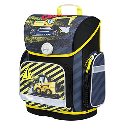 Baagl Schulranzen Jungen für 1. Klasse, Ergo Schultasche Jungs Grundschule, Leichter Kinder Ranzen Tornister Schulrucksack mit Brustgurt (Bagger)