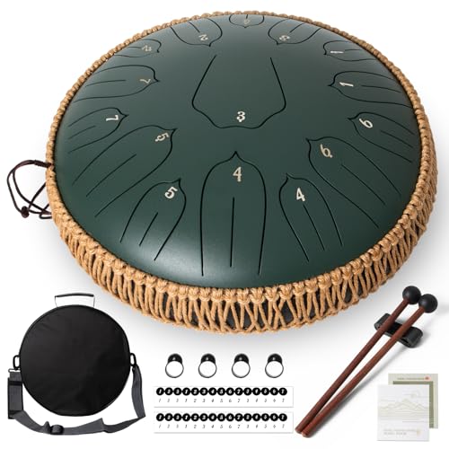 Orifesio Zungentrommel 13 Zoll 15 Töne, D-Dur Steel Tongue Drum, Regentrommel mit Notenbuch, Trommelstöcken und Tragetasche, Handpan Schlaginstrument für Meditation, Yoga, Klangheilung, Grün