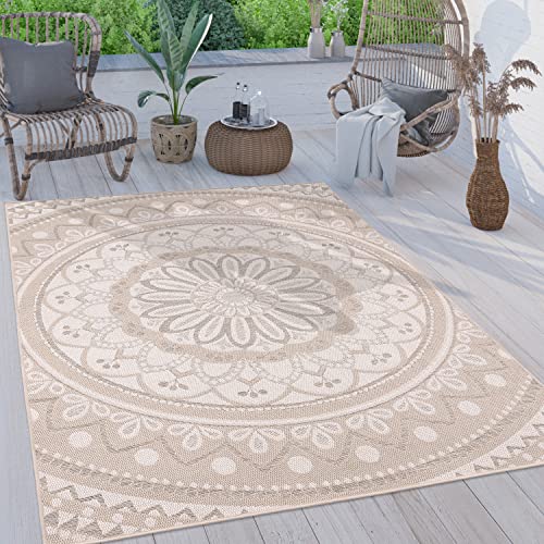 Paco Home Outdoor Teppich Wetterfest Wohnzimmer Küchenteppich Balkon Orient Marokkanisches Muster Modern Ethno Mandala, Grösse:240x340 cm, Farbe:Sand