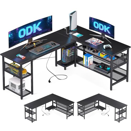 ODK Gaming Tisch, 168×120cm Reversibel Gaming Schreibtisch mit 2 Steckdosen und 2 USB Ladeanschluss, Eckschreibtisch mit Maximale Organisation & Stauraum, Schwarz
