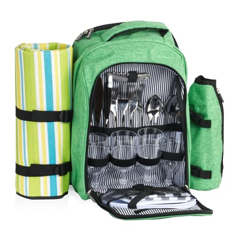 CampFeuer Picknickrucksack 32-teilig | Picknickset für 4 Personen | mintgrün meliert | mit Flaschenhalter, Picknickdecke, Kühlfach und Campinggeschirr | Freizeitrucksack, Campingrucksack