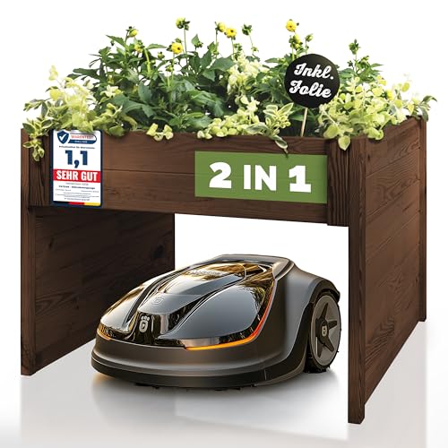 PATKAR® Mähroboter Garage 79x73x56cm [WITTERUNGS & UV-BESTÄNDIG] - Hochwertige Garage Mähroboter (Made in Europe) - Rasenroboter Garage für Mähroboter - Rasenmäher Garage - Rasenmäher Roboter (Braun)