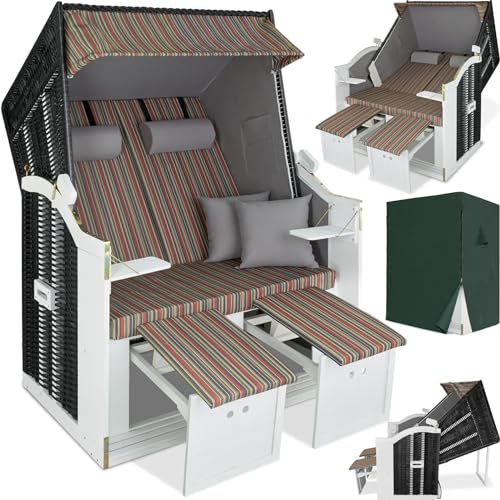 tectake® Strandkorb, Strandkorb Ostsee 2-Sitzer, verstellbare Rückenlehne, Volllieger mit Fußbänkchen und Seitentische, inkl. Schutzhülle & Kissen, Ideal für Balkon, Garten und Terrasse - but