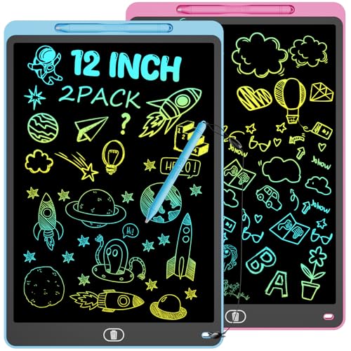 2 Pack LCD Schreibtafel Bunte, 12 Zoll Maltafel für Kinder & Erwachsene, Augenschutz Zeichentafel mit Sperr-& Lösch Tasten, Spielzeug & Geschenke, für Hause, Schule, Reisen - Blau & Rosa