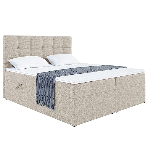 MEBLINI Boxspringbett mit Bettkasten - Gepolstert Doppelbett mit Matratze und Topper - Polsterbett mit Stauraum - Bett mit Kopfteil - Stauraumbett - NILS - 180x200 - H3/Beige Webstoff