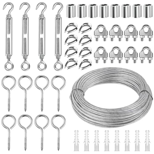 Drahtseil 3mm, 45 Stück 30M Edelstahl Drahtseil Set, 304 Stahlseil Ummantelt mit ösen Seilspanngarnitur, Drahtseil Spanndraht für Kletterpflanzen String Light Suspension Gardinenseil