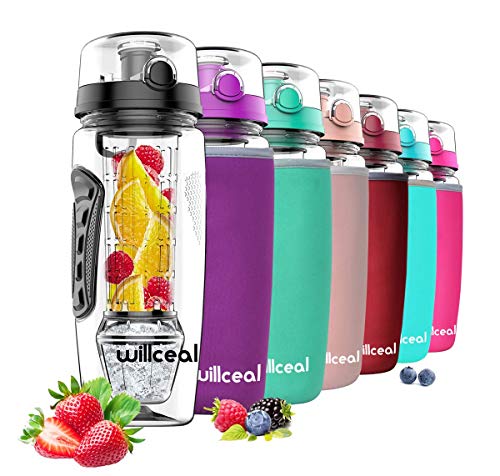 willceal Wasserflasche Mit Fruchteinsatz 945 ml Durable mit abnehmbarem Eisgel-Ball, groß - BPA-freies Tritan, Flip-Deckel, dichtes Design - Sport, Camping (Schwarz)