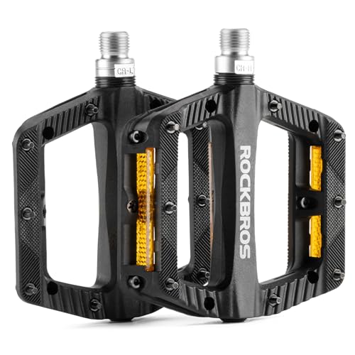 ROCKBROS Flat Pedale, Fahrradpedale rutschfest mit Eisenstiften Reflektorstreifen, Leichtes Nylon und 11,5cm Breite, Cube Pedale für Mountainbike, E-Bike, Gravel