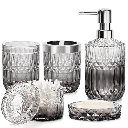 Hebaogugu 5-Stück Badezimmer Set, Grau Badezimmer-Zubehör-Set Mit Seifenspender, Seifenschale, Zahnputzbecher, Zahnbürstenhalter, Wattestäbchen-Kanister, Seifenspender-Set Mit Diamantschliff Für Heimd