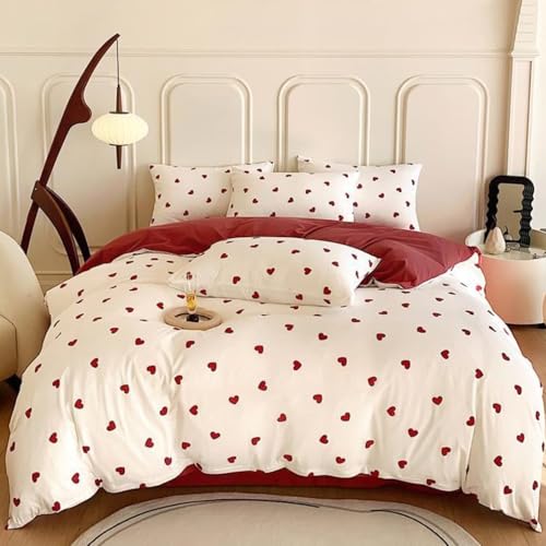 Tospass Liebe Bettwäsche 200x200cm Weiß Rot Herz Mädchen Bettwäsche Set Liebesmotiv Romantisch Mikrofaser Deckenbezug 1 Bettbezug mit Reißverschluss 2 Kissenbezug 80x80cm