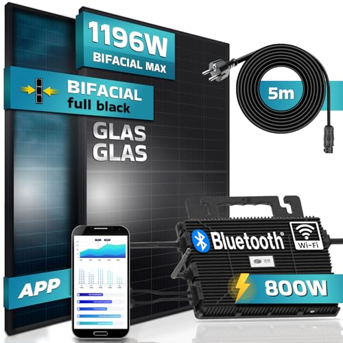 SUNNIVA 1196W Balkonkraftwerk 800W komplett Steckdose - Astro Energy 800W Wechselrichter - PV Solaranlage - 2x 460W BIFAZIAL FULL BLACK Glas/Glas Solarmodule - inkl. 5m Kabel - Bluetooth WIFI