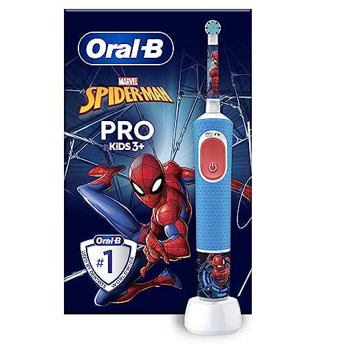 Oral-B Pro Kids Spiderman Elektrische Zahnbürste/Electric Toothbrush für Kinder ab 3 Jahren, inklusive Sensitiv+ Modus für Zahnpflege, extra weiche Borsten, 1 Aufsteckbürste, 4 Sticker, blau/rot