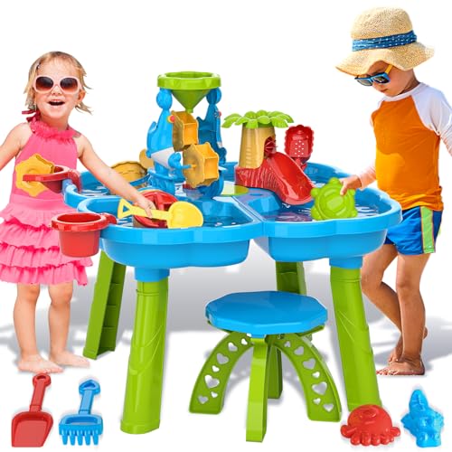 deAO Sand und Wasser Tabelle für Kleinkinder, Sandspielzeug 28 Stück Zubehörset, Wasserkocher, Eimer, Sandform, Rechen, Schaufel für Jungen Mädchen 3 4 5 6 Jahre alt