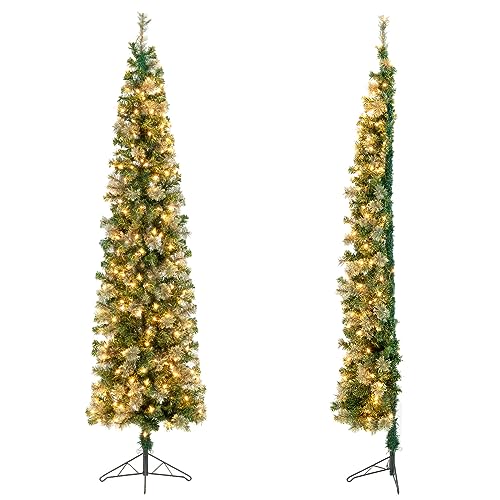 DREAMADE 210cm Künstlicher Halber Weihnachtsbaum, Halb-Tannenbaum mit 150 LEDs & Metallständer, platzsparender Christbaum für Eck & Wand, Kunstbaum Weihnachten