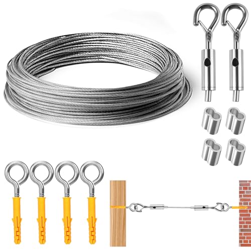 MirraSwit 8M/2mm Drahtseil Rankhilfe Set, Outdoor Seilspanngarnitur, Gardinen Drahtseil, Vorhang Seilspannsystem, Einstellbar Stahlseil Seilaufhängung für String Light Suspension, Gardinenseil